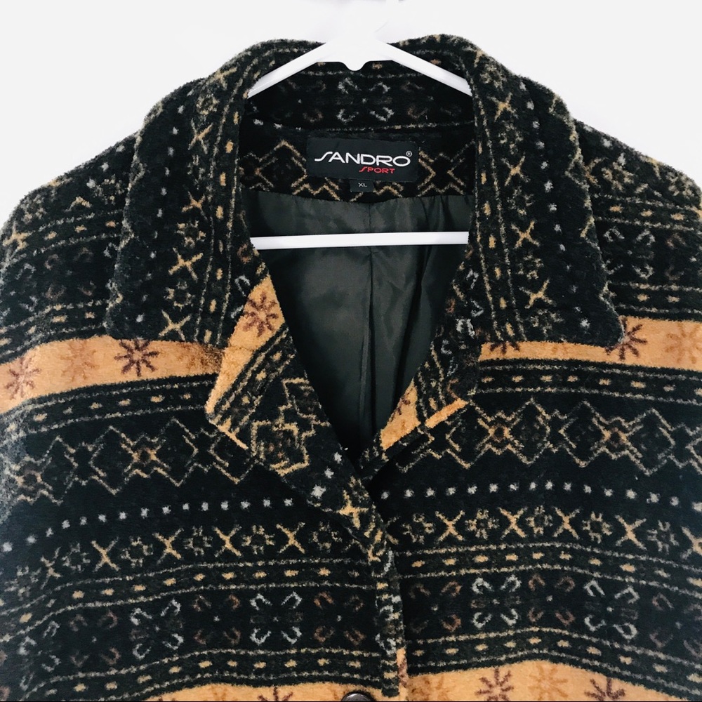Vintage Sandro Sport Fleece Green Tan Pattern Poly Pile Collar Button Up Jacket - Picture 4 of 16